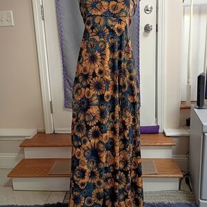 LuLaRoe Sunflower Maxi Halter Style, Mustard/Teal Bold Floral Print. Size L
